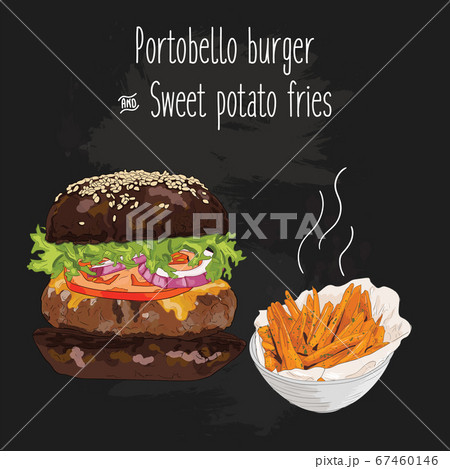 Hand drawn colorful portobello burger and sweet potato fries 67460146
