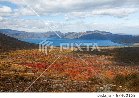 北海道　秋　千歳市　樽前山から支笏湖を望む　紅葉 67460158