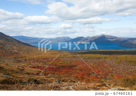北海道　秋　千歳市　樽前山から支笏湖を望む　紅葉 67460161