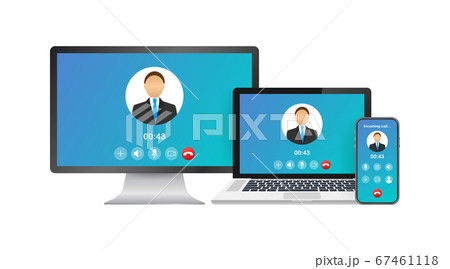 Incoming video call on laptop. Laptop with incoming call, man profile picture and accept decline buttons. Vector stock illustration. 67461118