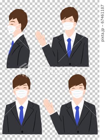 マスクをしている若いスーツ姿の笑顔の男性のイラスト素材