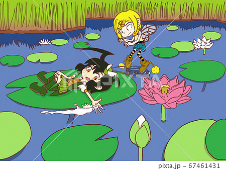 ハスの池で遊ぶカマキリとミツバチ（擬人化） 67461431