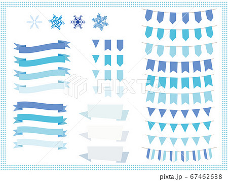 雪のアイコン 青系の色でまとめたリボン ガーランド 旗のセットのイラスト素材