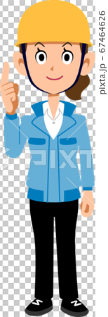 人差し指を立てるヘルメットを被った作業着の女性 67464626