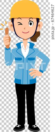 サムズアップするヘルメットを被った作業着の女性 サムズアップするヘルメットを被った作業着の女性 67464627