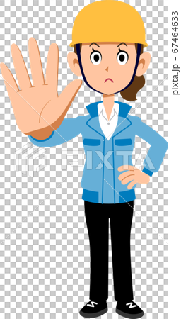 戴著頭盔的藍色工作服的女人停止 67464633