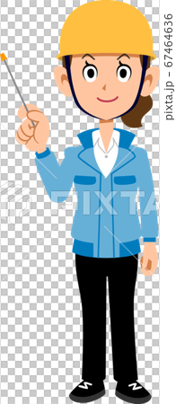 藍色工作服戴著頭盔與指向棍子的女人 67464636