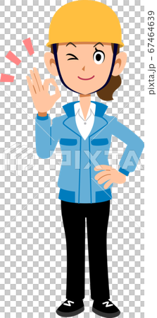 OKのサインを出すヘルメットを被った青い作業着の女性 67464639