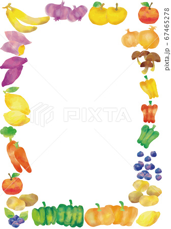水彩風 野菜と果物色々セット フレーム 縦 のイラスト素材