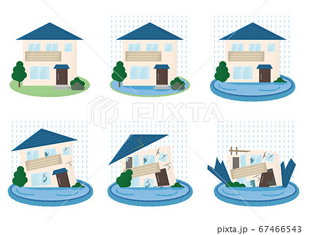 水害を受ける住宅のベクターイラストセットのイラスト素材