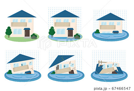 水害を受ける住宅のベクターイラストセットのイラスト素材