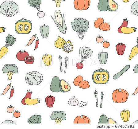 手書きの野菜のパターン おしゃれ 背景素材 かわいいのイラスト素材 67467892 Pixta