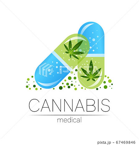 Cannabis in the 2 tablet pill capsule with seeds vector logotype for medicine and doctor. Medical marijuana symbol. Pharmaceuticals with plant and leaf for health. Concept sign of green herb. 67469846