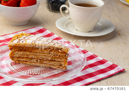 Slice of traditional georgian esterhazi cake close up Slice of traditional georgian esterhazi cake close up 67470161
