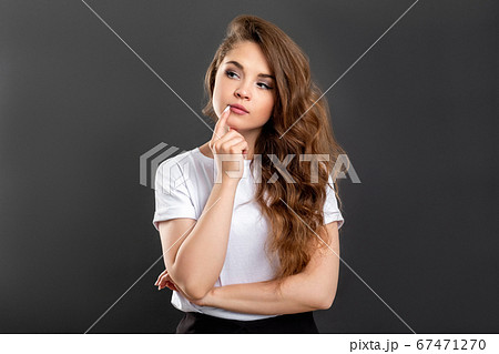 pensive woman portrait hard decision curious lady 67471270