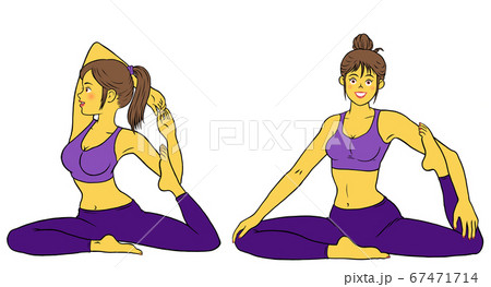 ヨガインストラクターの女性（ハトのポーズ）2ポーズ 67471714