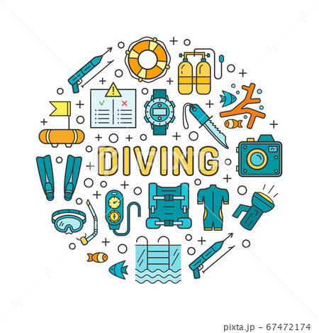 Diving equipment and scuba gear thin line icon set Diving equipment and scuba gear thin line icon set 67472174