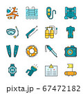 Diving equipment, accessories and scuba gear flat thin line icon set 67472182