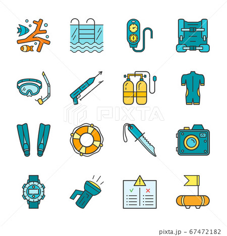 Diving equipment, accessories and scuba gear flat thin line icon set Diving equipment, accessories and scuba gear flat thin line icon set 67472182