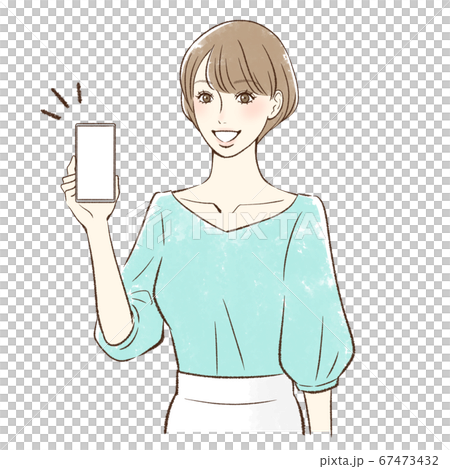 笑顔でスマホの画面をこちらに見せる女性＿縦持ち 67473432