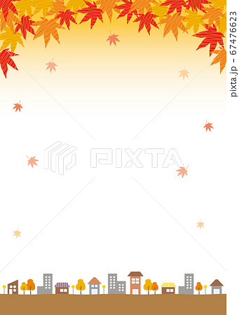 コピースペースのある秋と紅葉の街並み背景イラスト 縦のイラスト素材