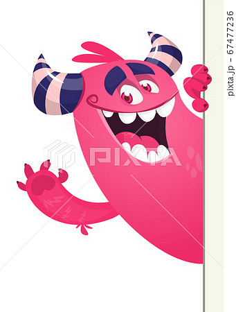 Cute Little Monster Cartoon Character Holding A Blank Sign. Vector Illustration Isolated On White Background 67477236