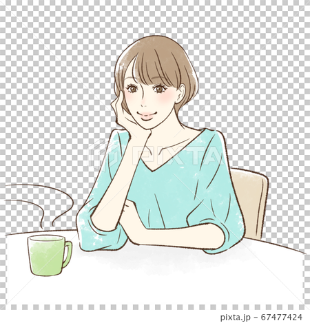 リラックスして頬杖をつく女性 67477424