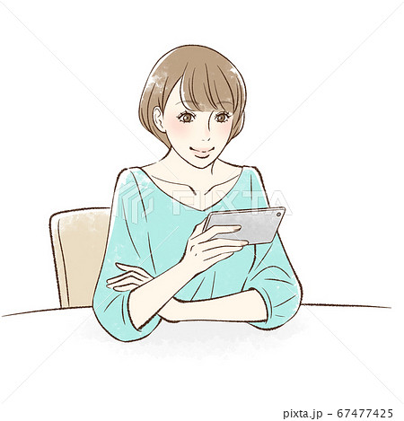 座ってスマホを持つ女性 横持ちのイラスト素材