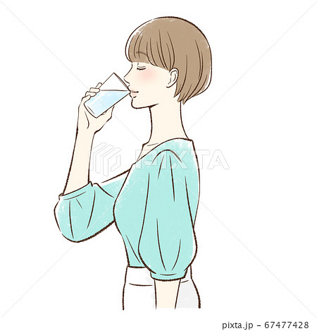コップに入った水を飲む女性の横顔のイラスト素材