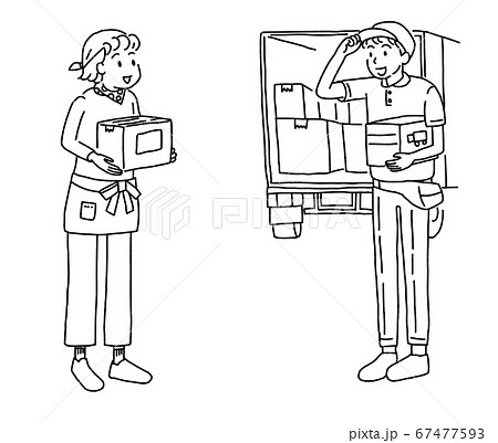 通信販売で商品を発送する女性と集配のトラック配達員のイラスト素材