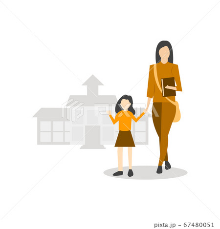 Mom taking daughter to the school 67480051