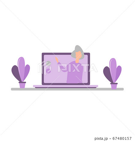 Learning by webinar training and listening to businesswoman on laptop 67480157