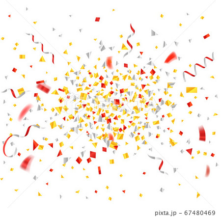 Gold and red foil confetti and ribbons explosion Gold and red foil confetti and ribbons explosion 67480469