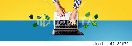 Person using a laptop computer with green leaves Person using a laptop computer with green leaves 67480672