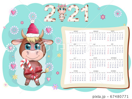 White ox calendar or planner for 2021 with cartoon 67480771