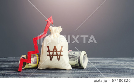 South Korean Won money bag and red arrow up. Growth of economy and increase of investment attractiveness. Stable currency. Developing markets. Rising inflation, money supply. Recovery. Reserve fund 67480826