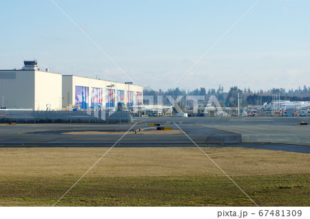 EVERETT, WASHINGTON, USA - JAN 26th, 2017: Boeing's New Livery Displayed on Hangar Doors of Everett Boeing Assembly Plant at Snohomish County Airport or Paine Field 67481309