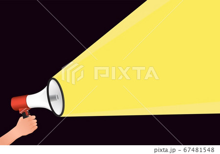 Hand holds loudspeaker with yellow ray of light banner. Light of sudden speech template notification of emergency information. 67481548