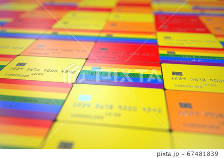 LGBTQ rainbow flag on bank cards, fictional data. 3D rendering 67481839