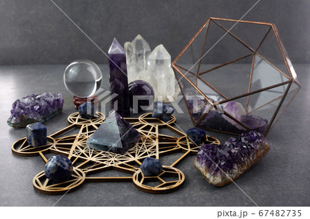 Crystals for healing, fortune telling and astrologhy on dark background. Esoteric and life coaching concept. 67482735