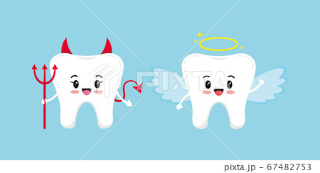 Cute tooth emoji angel and devil isolated on blue background. Cute tooth emoji angel and devil isolated on blue background. 67482753