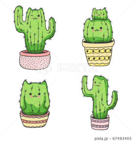 Set Of Cute Cartoon Cat Cactus のイラスト素材