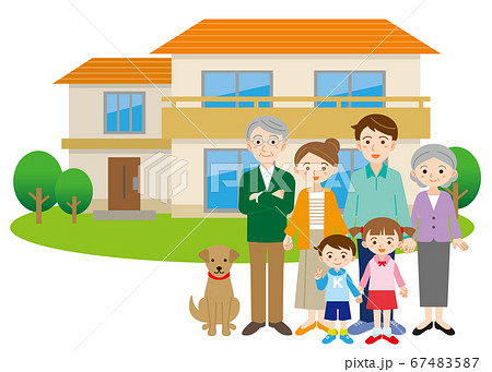 家の前に並んで立つ3世代仲良し家族のイラストのイラスト素材