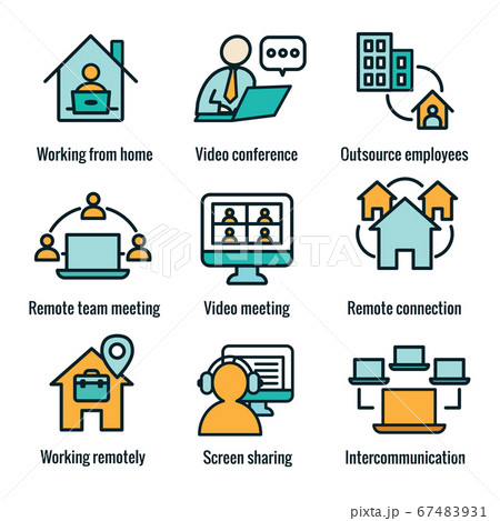 Remote work icon set with work from home, video 67483931