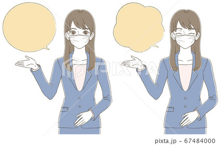 手描き風 マスクをつけてスーツを着た女性のビジネス上半身イラストセット 手描き風 マスクをつけてスーツを着た女性のビジネス上半身イラストセット 67484000