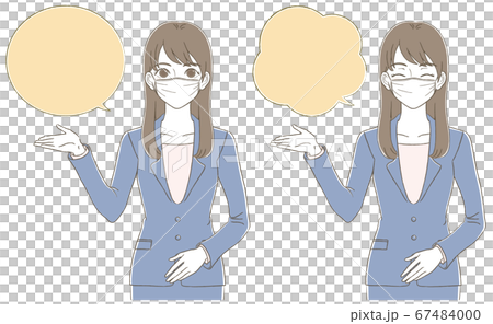 手描き風 マスクをつけてスーツを着た女性のビジネス上半身イラストセット 手描き風 マスクをつけてスーツを着た女性のビジネス上半身イラストセット 67484000