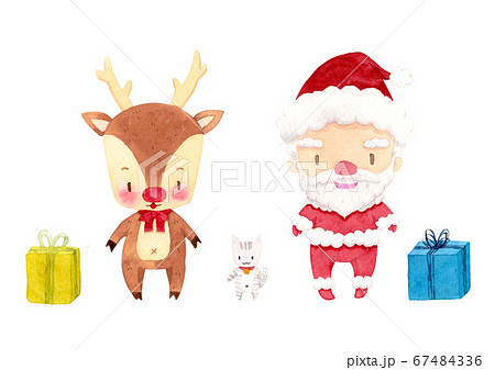 Cute Santa Claus, reindeer, cat and gift boxes. cartoon character watercolor hand painting for decoration in winter, Christmas, and new year festival advertising. isolated on white background. 67484336