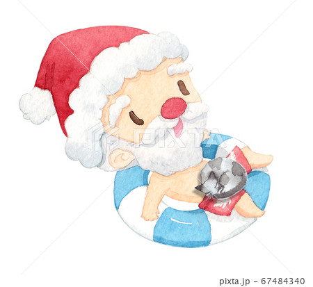 Santa Claus And Cat On The Air Inflatable Ring のイラスト素材