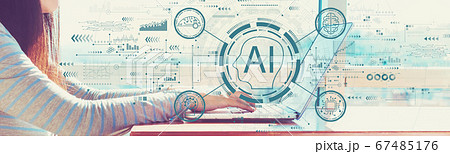 AI concept with woman working on a laptop 67485176