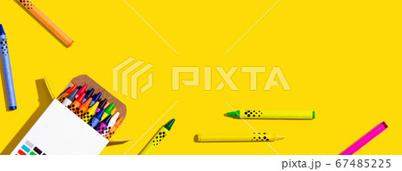 Colorful wax crayons with a box 67485225